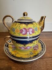 Vtg.Sorelle Fine Porcelain Personal Teapot Cup & Saucer Pink Roses.Gold Cottage picture