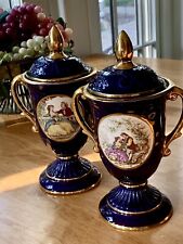 Vintage Pair Of Limoges Hand Painted Cobalt Blue/Gold Gilted Romantic Urn/Vase.  picture