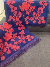 Vintage Pair of Cotton Bath Towels Bright Blue & Pink Rose Floral w/ Fringe NWOT picture