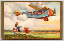 Vintage C1932 Postcard Artist Drawn Children On A Plane picture