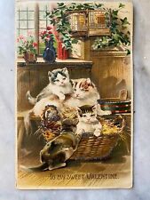 Artist Card Sweet Valentine 4 Kittens & Basket Glitter Vintage Postcard c 1910 picture