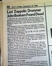 JOHN BONHAM Drummer of British Rock Band Led Zeppelin DEATH 1980 L.A. Newspaper picture