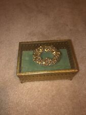 Vintage Hollywood Regency Footed Ormolu Filigree Glass Casket Jewelry Box picture