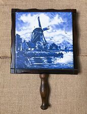 Vintage Wood And Tile Trivet w Handle Blue White Windmill AS IS READ picture