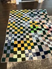 Vintage Hand Made Quilt  94”x70”  Yellow Green Blue Squares Lightweight picture