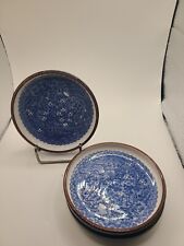 Japanese sushi bowls in blue w brown rim. Set of 3. Ceramic vintage. picture