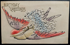 Vintage Victorian Postcard 1901-1910 Birthday Greetings - Textured Bird picture