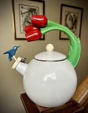 Vintage Ancona White Enamel Whistling Tea Pot Kettle Blue Hummingbird Red Tulip picture