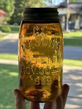 Mason Jar Hero Cross Above 1858 Patent Amber Antique Fruit Stamped Lid RB# 1938 picture