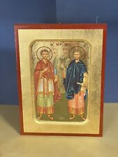 Holy Unmercenaries -GREEK RUSSIAN WOODEN ICON, CARVED WITH GOLD LEAVES 6x8 inch picture