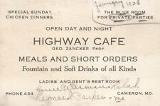 Cameron Missouri~Highway Cafe-Geo Zancker-Phone 434-1926 Business Card 16B picture