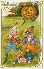Halloween Postcard~Antique~Three Boys Running From A JOL~c1909 picture