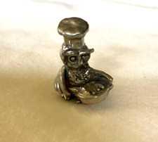 Vintage Owl Chef Holding Frying Pan Miniature Pewter Animal Figurine picture