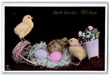 1912 Best Easter Wishes Chicks Eggs Nest Flowers In Basket RPPC Photo Postcard picture