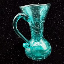 Rainbow Vintage Aqua Crackle Glass Pitcher Art Glass Applied Handle 5.5”T 3”W picture