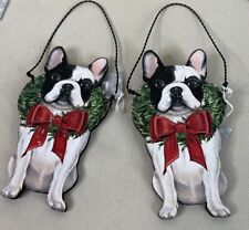 Boston Terrier Wreath Bow Dog Holiday Christmas Wood Ornament Wire Hanger 2 NEW picture