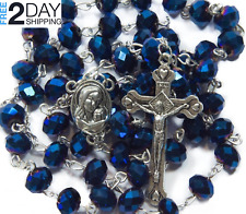 Deep Blue Crystal Beads Rosary Catholic Necklace Holy Soil Medal Cross Crucifix  picture