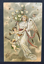 Postcard Christmas Greetings Embossed Flying Angel Cherub Babies Cupids  Unposte picture
