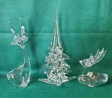 Set 3 Hand Blown Art Glass Reindeer And Tree Vintage picture