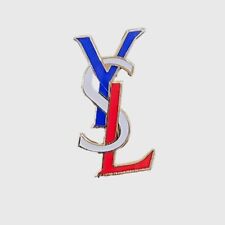 RATE vintage YVES SAINT LAURENT -YSL MONOGRAM Pin-back. Patriotic Red White Blue picture