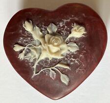 Vintage Incolay Stone Heart Shaped Burgundy/ Cream Trinket Box 3.25” Lined picture