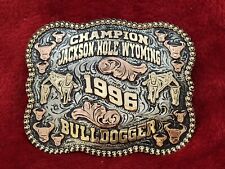RODEO CHAMPION TROPHY BUCKLE PRO BULLDOGGER☆JACKSON HOLE WYOMING☆1996☆RARE☆18 picture