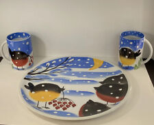 Handpainted Estonia porcelain signed Winter Chubby bird cake plate and two mugs picture