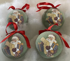 4 Vintage Sugar Frosted Christmas Santa Ornaments Green Red Bow 3” Excellent picture