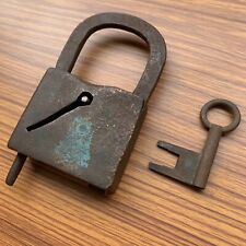 18th C Iron padlock lock w/ key, old or antique, Early and Rich Patina. picture