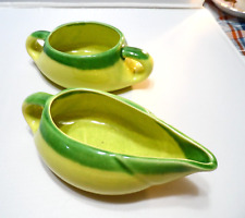 c. 1940s Ceramic Green & Chartreuse Leaf Sugar Bowl & Creamer From Wedding 1947 picture