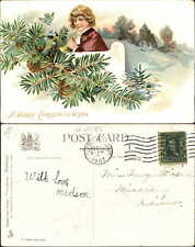 Tuck Christmas postcard boy horn pine cones bough country church mailed 1907 picture