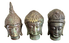Vintage Set of 3 Southeast Asia Cast Bronze Buddha Heads picture