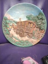 Rare Vintage CERAMIC MOLD 3D RELIEF WALL PLATE Hand Painted Wagon Stagecoach picture