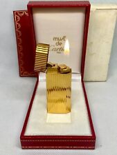 Vintage Cartier Gold Plated Vertical Lines Lighter Working With Box and Papers picture