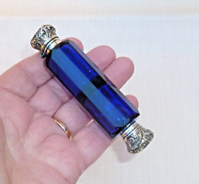 VICTORIAN ANTIQUE DOUBLE ENDED BRISTOL BLUE & SILVER GLASS SCENT /PERFUME BOTTLE picture