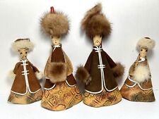 Mongolian Folk Dolls Shelf Sitter Real Leather Skin Fur Felt Handmade Lot Of 4 picture