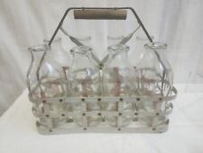 VINTAGE KING QUALITY 8 GLASS MILK BOTTLES W Metal Carrie picture