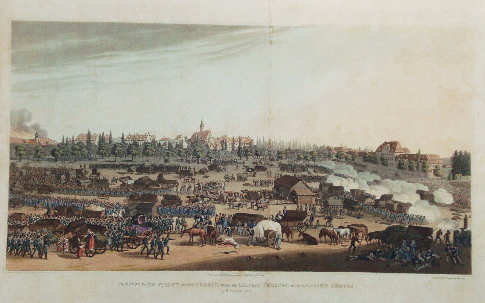 Leipzig Saxony Battle of the Nations Old Coloured Aquatinta Copperplate 1815