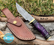 Custom Handmade DAMASCUS STEEL Knife Hunting Purple Resin & Brass Guard Handle picture