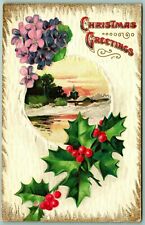 Christmas Greetings Winter Scene Forget Me Nots Holly Embossed DB Postcard F4 picture
