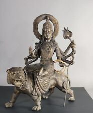 Antique Indonesian Bronze / Alloy Duga Hindu Goddess Seated On A Tiger Statue picture
