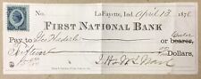 1878 Vintage First National Bank Check Lafayette Indiana USA 2c Revenue Stamp picture
