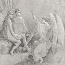 1860s Religious Art Etching ~ Adam and Eve in Paradise. ~ Antique Print picture
