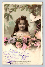 c1906 RPPC French Portait of Young Girl Dove Flowers Hand Colored Postcard picture