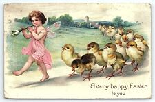 1909 HAPPY EASTER CHERUB PLAYING FLOWER FLUTE CHICKS EMBOSSED POSTCARD P2510 picture