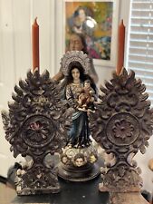 ANTIQUE SPANISH COLONIAL PAIR OF PROCESSIONAL HAND CARVED WOOD CANDLE HOLDER picture