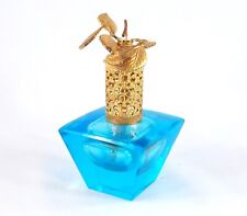 Vintage Blue Glass Scent Bottle With Gold Tone Filigree & Leaves Metal Cap picture