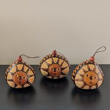 Set of 3 Mates Burilados Sun & Moon Gourd Ornaments Hand Carved & Painted Peru picture