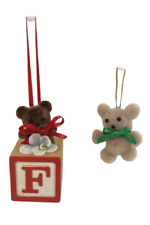 Lot of 2 Vtg Teddy Bear Christmas Ornaments Alphabet Block Plush Green Red picture