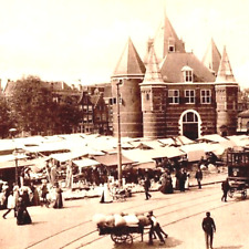 Amsterdam Nieuwmarkt Birds Eye RPPC ca 1911 Outdoor Market Postcard Monorail picture